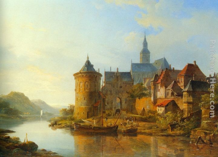 Cornelis Springer A View of a Town along the Rhine